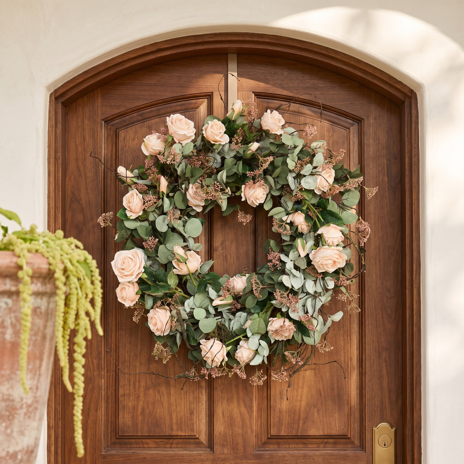 24" Artificial Spring Summer Farmhouse Twig Greenery Eucalyptus Foliage Berry Blush Pink Roses Floral Wreath for Front Door Valentine's Day Wedding Party Decor