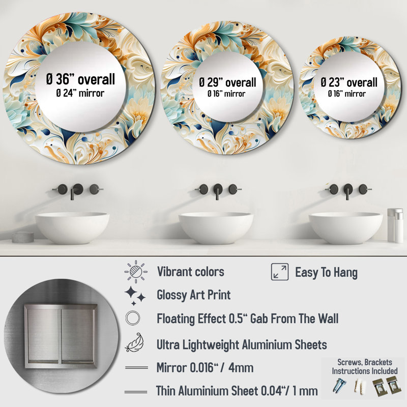 Rufin Ethereal Whispers Paisley Pattern - Paisley  Decorative Wall Mirror, Teal Mirror, Printed Metal Art, 36" x 36", Round