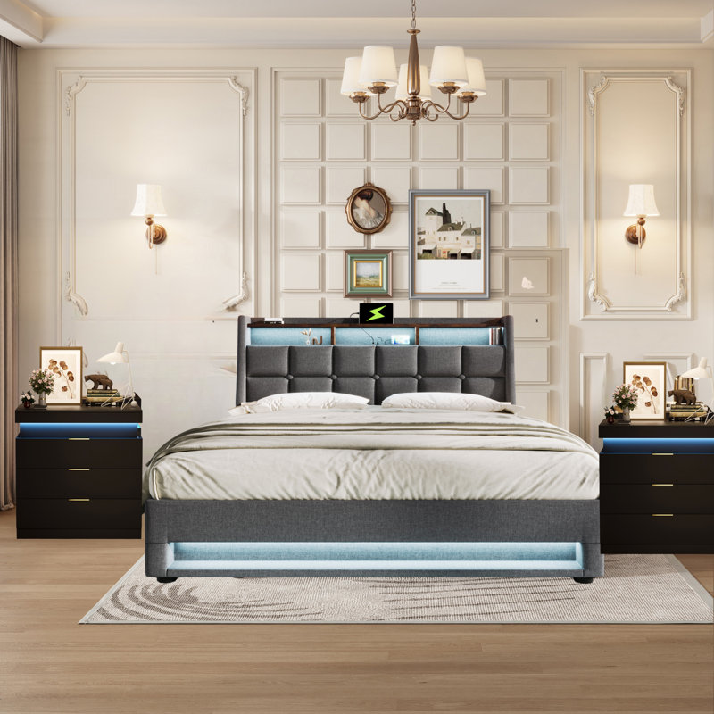 3-Piece Bedroom Set ,Upholstered Platform Bed With A Hydraulic Storage System , LED ,USB Charging And 2 LED Nightstand, Full