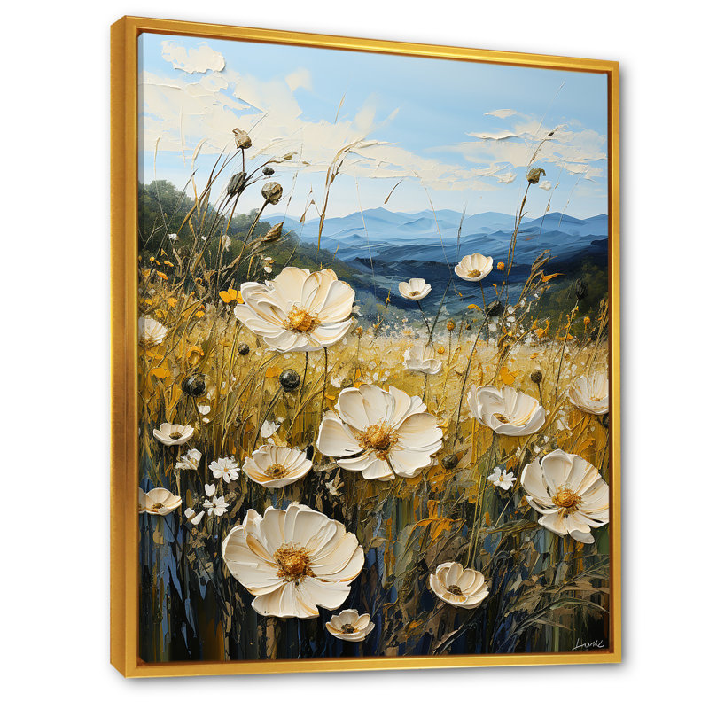 Buttercups Flowers Mountain Landscape sur toile, Cadre flottant doré, H 20 po x l 12 po x P 1 po