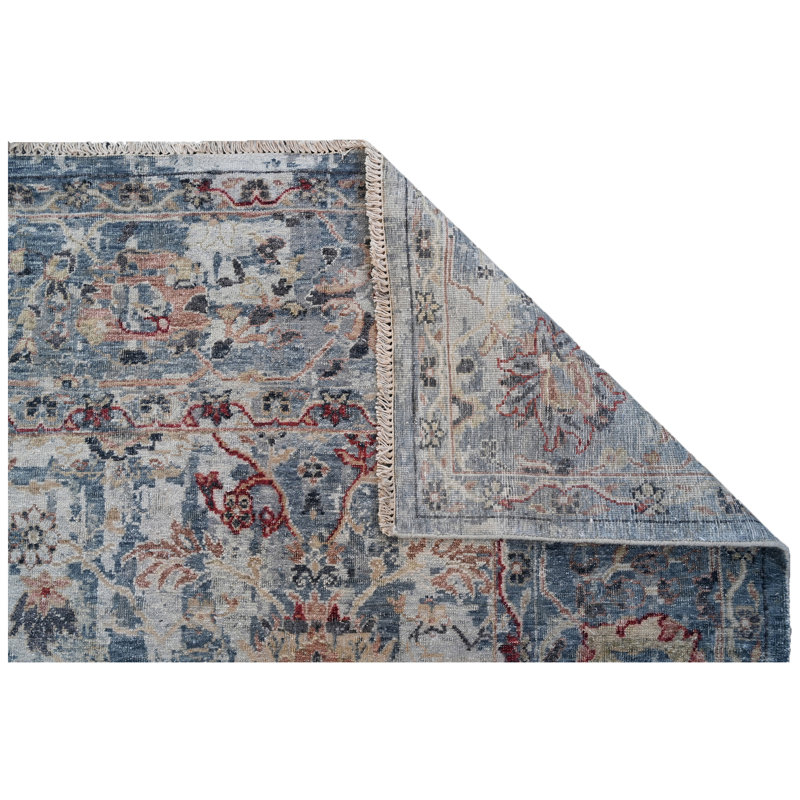 Tapis argenté et bleu noué à la main de haute qualité, Rectangle 8 pi x 10 pi