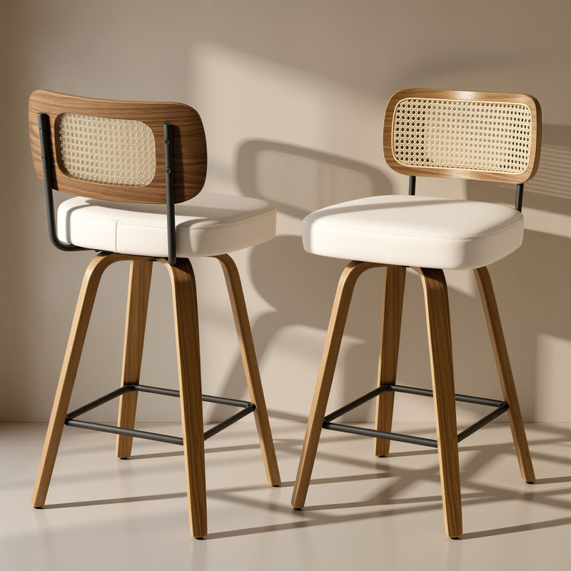Adianey Swivel Upholstered Rattan Back Counter & Bar Stool, White, Counter Stool (26" Seat Height), Brown