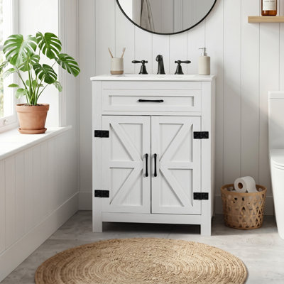 Washed white particleboard with melamine veneer... - Metal - 1 Piece - Bathroom Vanity - White - Double Door Design(No sink included)