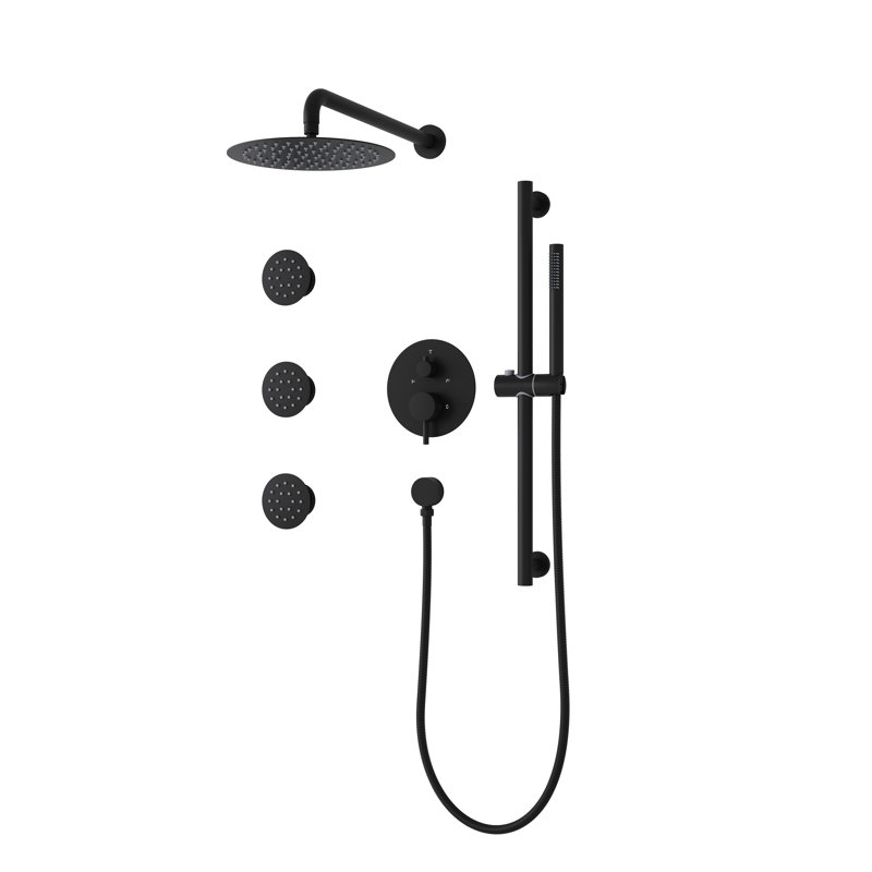 3-Function  Shower System With 10" Ultra-Thin Round Shower Head,Body Jets And Hand Shower (Valve Included), Matte Black