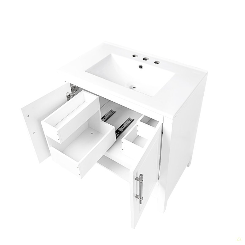 Meuble-lavabo 30 po avec lavabo, armoire de salle de bain multifonctionnelle avec portes et tiroirs, structure solide et panneau de fibres à densité moyenne