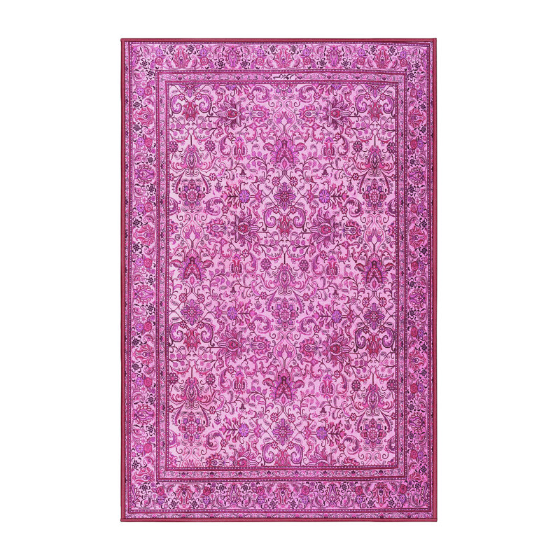 Tapis rose en laine / polyester tissé à la machine Floral, Rectangle 3 pi x 5 pi