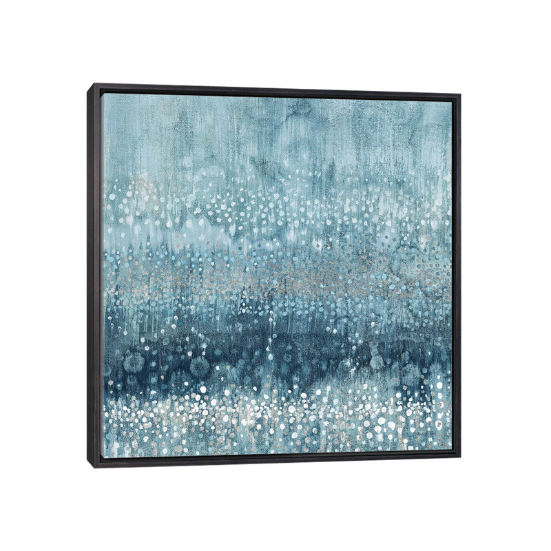 «Rain Abstract III Blue Silver» par Danhui Nai - reproduction d'art, H 18 po x l 18 po x 1,5 po, Toile avec cadre noir patiné