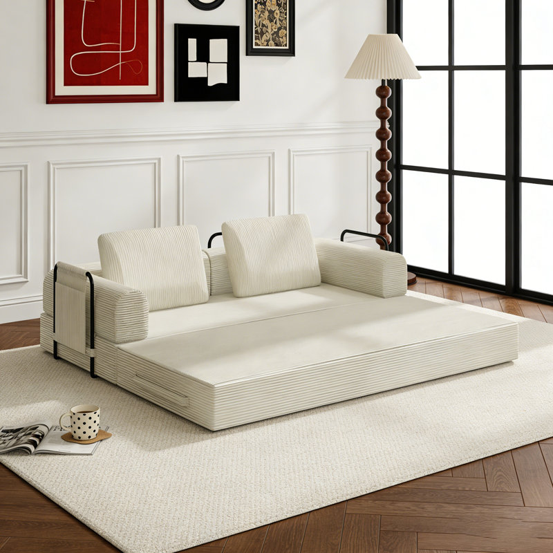 Convertible Sleeper Sofa Bed, Foldable Corduroy Futon With Fixed Frame & Pillow, 3-Seater Sofa Bed For Living Room, Bedroom Or Studio
