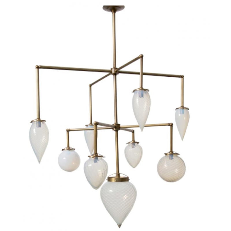 Lustre suspendu en verre opalescent rétro avec lumière sphérique deshazier, 27" Diameter x 39" Height, Transparent, Bronze