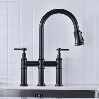 Matte Black Bridge Kitchen Faucet With Pull-Down Functionality - Dual Handle For Precise Flow And Temperature Adjustment 360 Rotating High Nozzle Enhanced Sink Space Quality Brass Material Durability