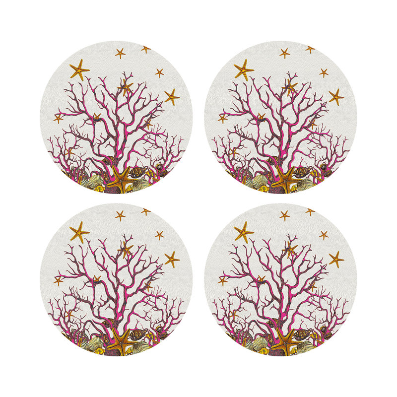 Coral Reef White Pink Vegan Leather Round Coasters, White Pink