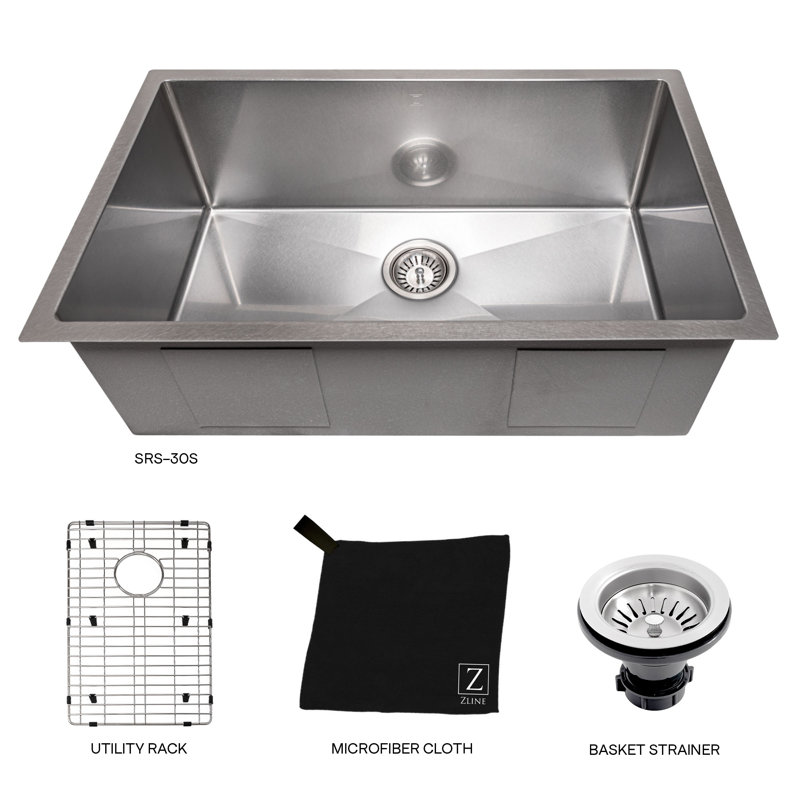 DuraSnow® ZLINE 30" Meribel Undermount Single Bowl Fingerprint Resistant Stainless Steel Kitchen Sink with Bottom Grid