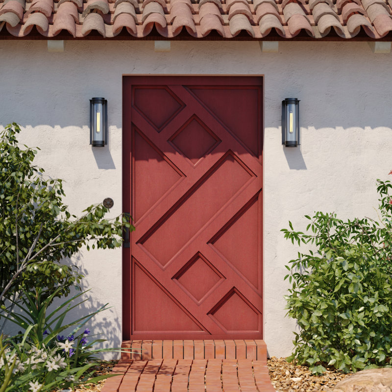 14 in. H 1-Light Textured Black Contemporary Outdoor Wall Sconce made of Durable Metal, Clear Glass Shade, LED Compatible, Use for Exterior Porch Patio Front Door or Garage