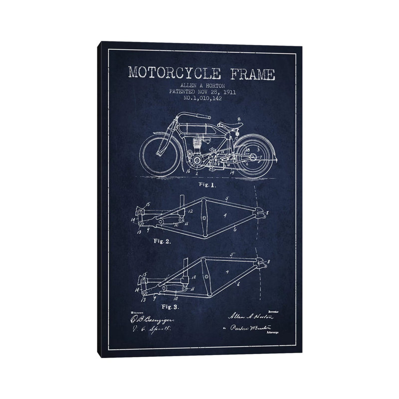 Allen A. Horton Motorcycle Frame Patent Sketch (Navy Blue) 1 Piece Wrapped Canvas Wall Art