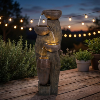 Fontaine extérieure 33,1 po avec lumières DEL, cascade en résine à 4 niveaux pour patio, balcon et jardin