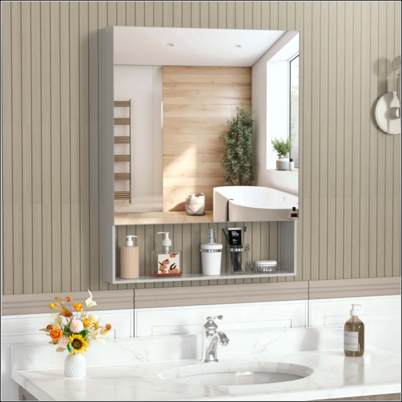 Armoire à pharmacie avec miroir pour salle de bain, miroir de salle de bain mural avec rangement, tablettes réglables, cadre en aluminium, fixation en surface