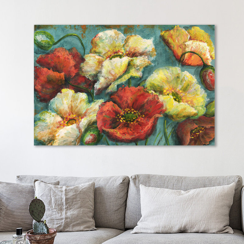 " Colourful Poppies On Turquoise " by Tre Sorelle Studios, 10" H x 15" W
