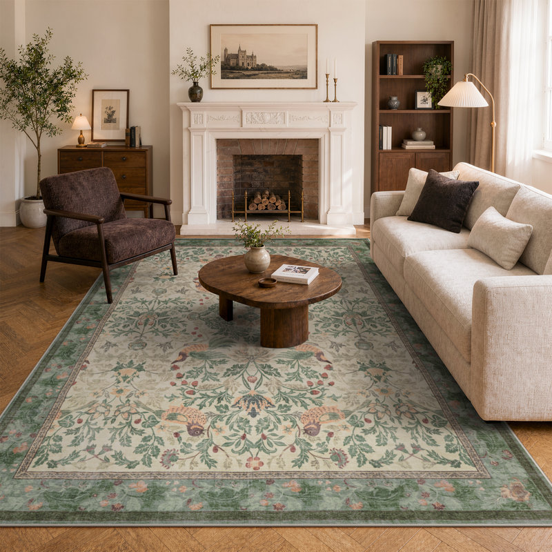  Sage Green Botanical Floral Washable Area Rug, Vintage Traditional Non-Slip Carpet for Living Room, Dining Room and Bedroom, Cottage Style Floor Covering