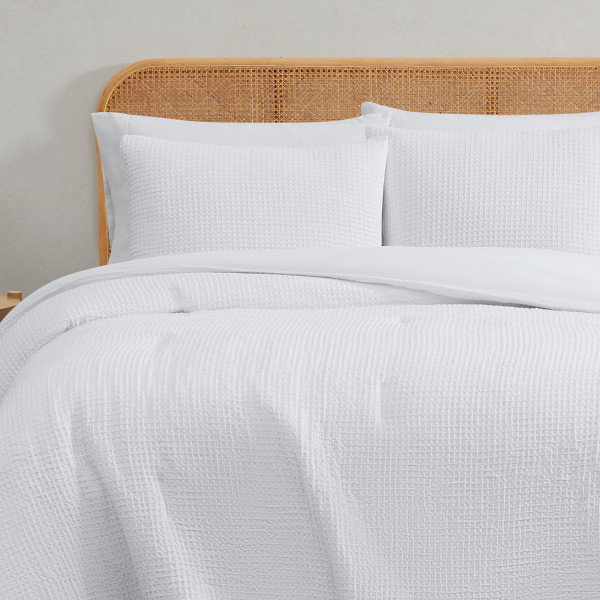 Textured Waffle Weave Comforter Set, White, Queen Comforter +2 Standard Shams