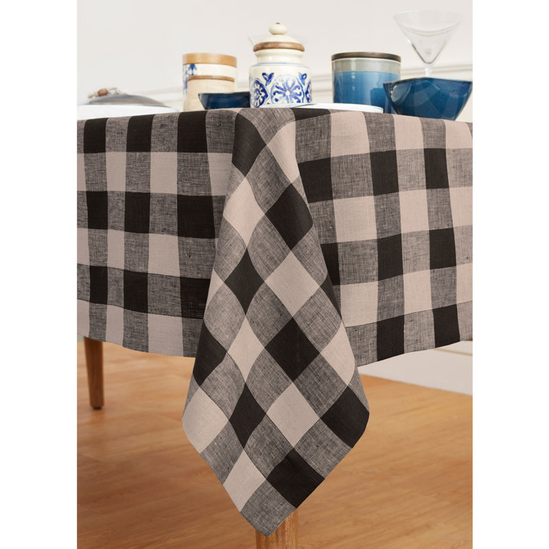 Buffalo Check - 100% Pure Linen Tablecloth, Natural/Black, 108" x 60"