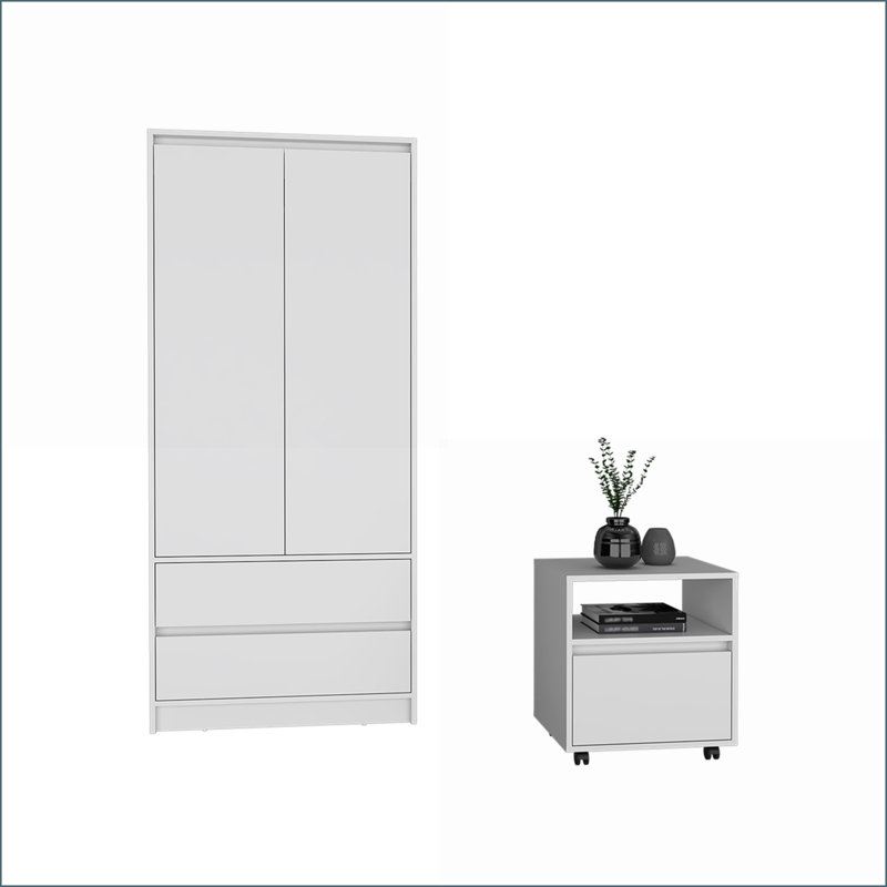Ensemble de chambre à coucher 2 pièces avec table de chevet et armoire, blanc neige | Bois d'ingénierie | Blanc