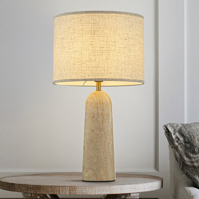 1-light 21'' Vintage Classic Natural Travetine Tapered Table Lamp With Beige Linen Shade For Bedroom And Living Room