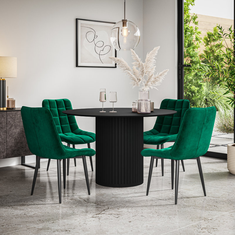 Arlo Walnut Table Top W Walnut Legs + Nova Velvet Dining Chair Beige Set Of 6, Black, Green/Black, 7