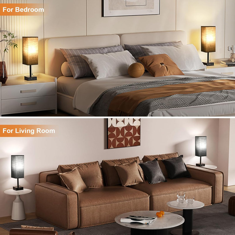 Set Of 2 Modern Bedside Table Lamps With 3 Colour Temperatures, USB C + A Charging Ports, And Pull Chain Control For Nightstand Lighting