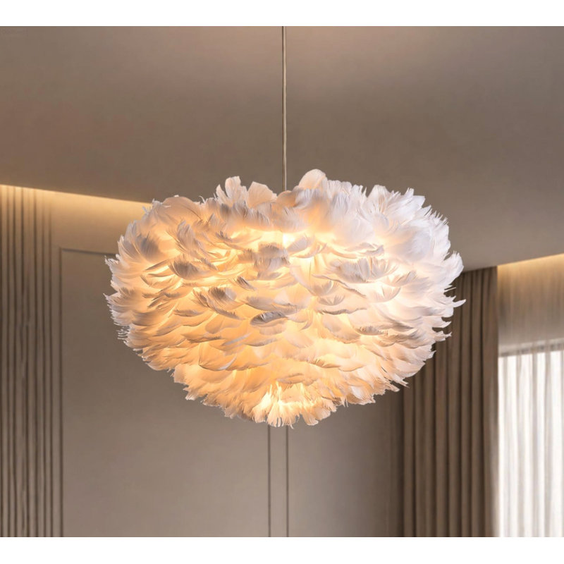 Lustre suspendu moderne et glamour à 3 lumières avec abat-jour en plumes d'oie superposées et hauteur de suspension réglable, blanc laiteux
