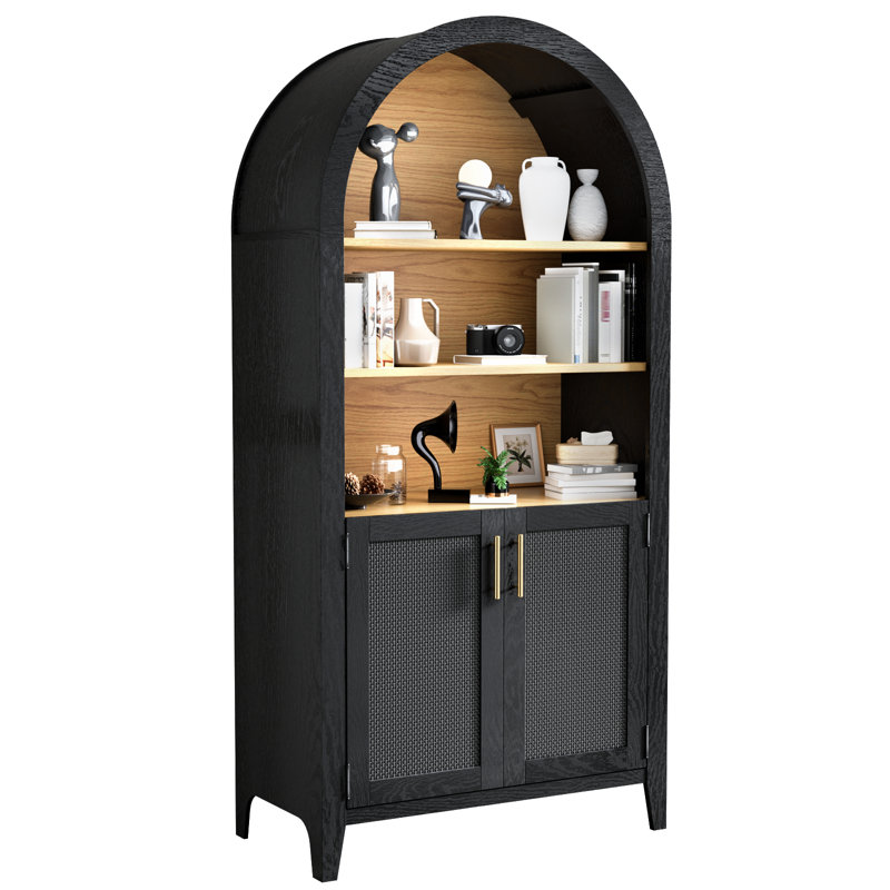Modern Arched Bookcase Cabinet With Adjustable Shelves And Hidden Storage, Freestanding Display Cabinet With Doors For Living Room, Kitchen Or Home Office