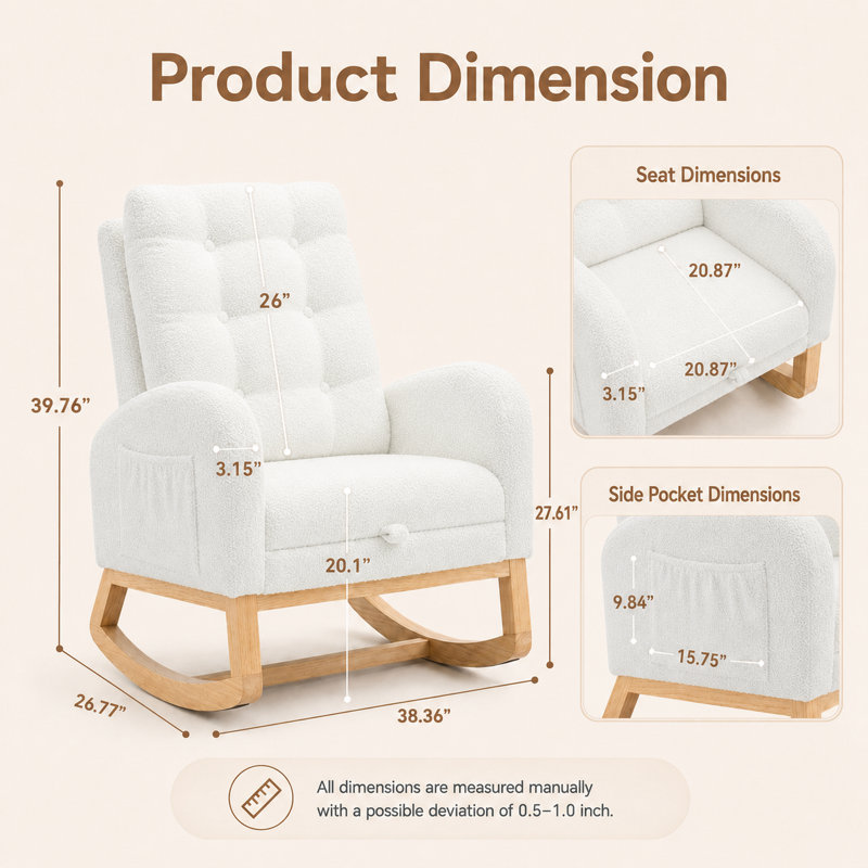 Chaise berçante d'intérieur rembourrée avec repose-pieds et poche latérale, White