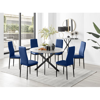 Tierra Modern Concrete Effect and Chrome Metal 6 Seat Dining Table Set - Luxury Velvet Dining Chairs