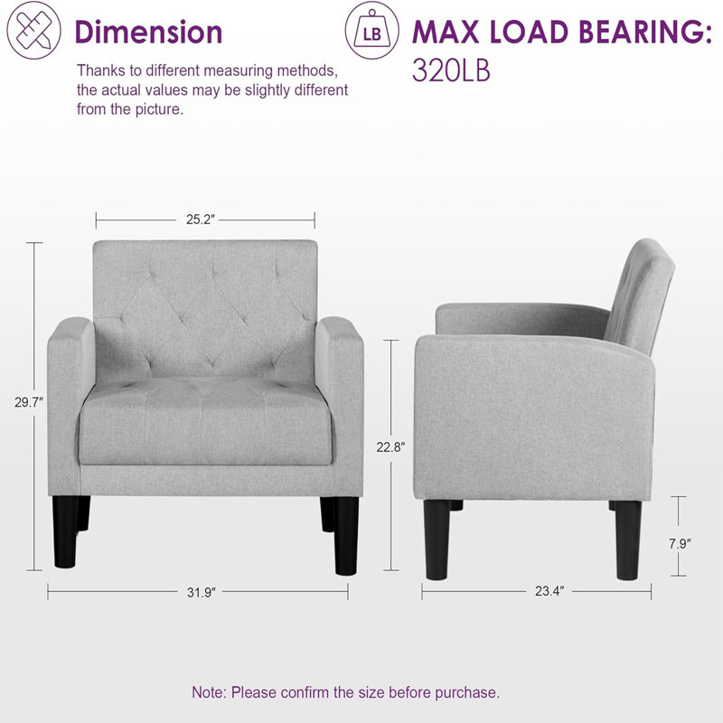 Armchair Modern Accent Chair Comfy Upholstered Seats Armchairs for Living Room Bedroom Dining Room, Light Grey Linen, 1