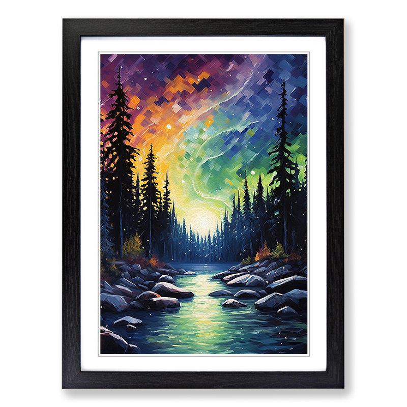 Northern Lights Impressionism - Single Picture Frame Print on Wood, 46cm H x 34cm W x 2cm D, Black