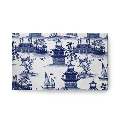 Tapis intérieur / extérieur tissé à la machine Floral en chenille bleu / blanc