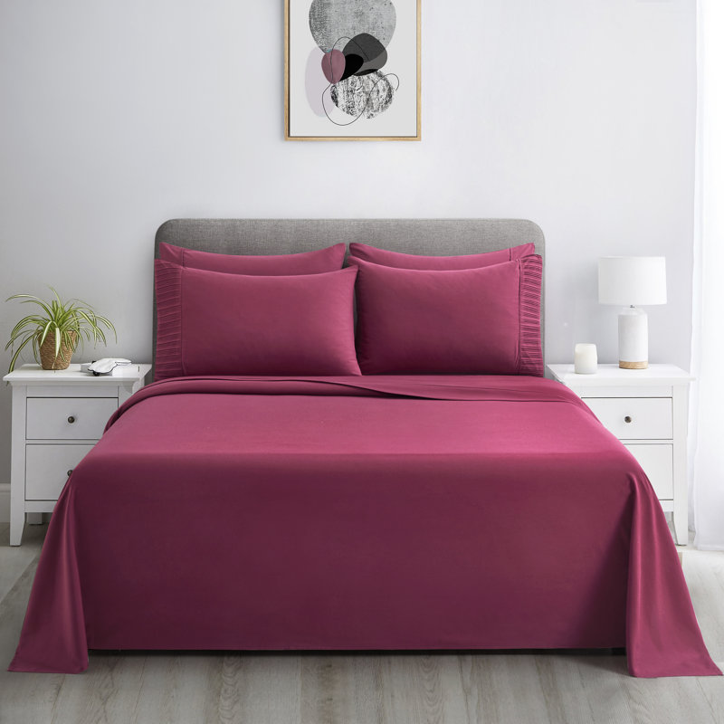 Ensemble de draps 6 pièces avec 4 taies d'oreiller plissés en rayonne de coton rayé de couleur unie Marina, Bourgogne