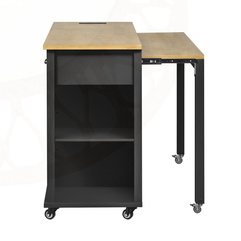 47 Inch Extendable Kitchen Island with Dining Table, Storage, and Power Outlet for Versatile Home Use, Black