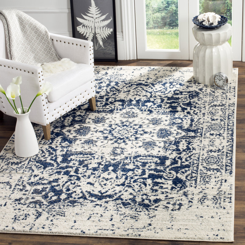 Leyva Looped/Hooked Cream/Navy Rug, Rectangle 160 x 229 cm