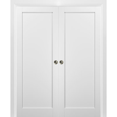 French Double Pocket Doors 56 x 80 with Frames Quadro 4111 White Silk Kit Trims Rail Hardware Solid Wood Interior Pantry Kitchen Bedroom Sliding Closet Sturdy Door