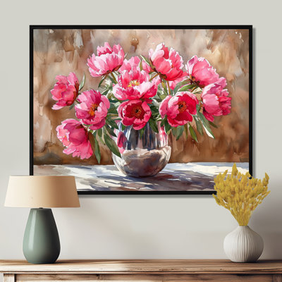 Pivoines dans un vase en acier inoxydable - pivoines grand art mural