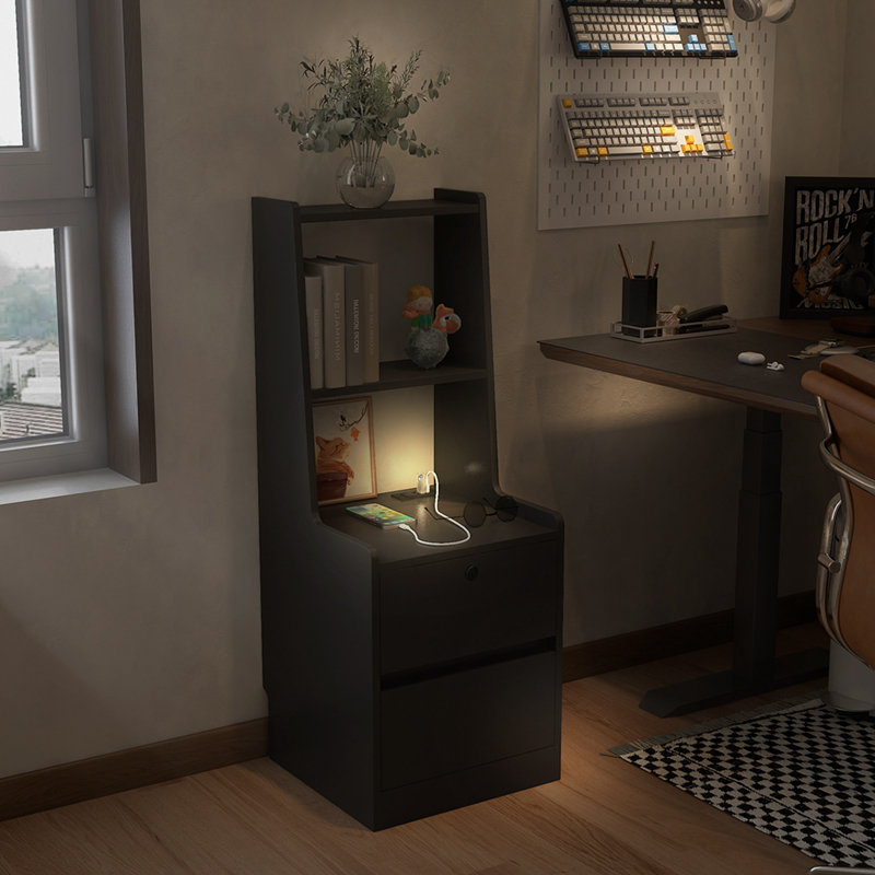 Bedside Tables with Storage Cabinet and Charging Station, Black