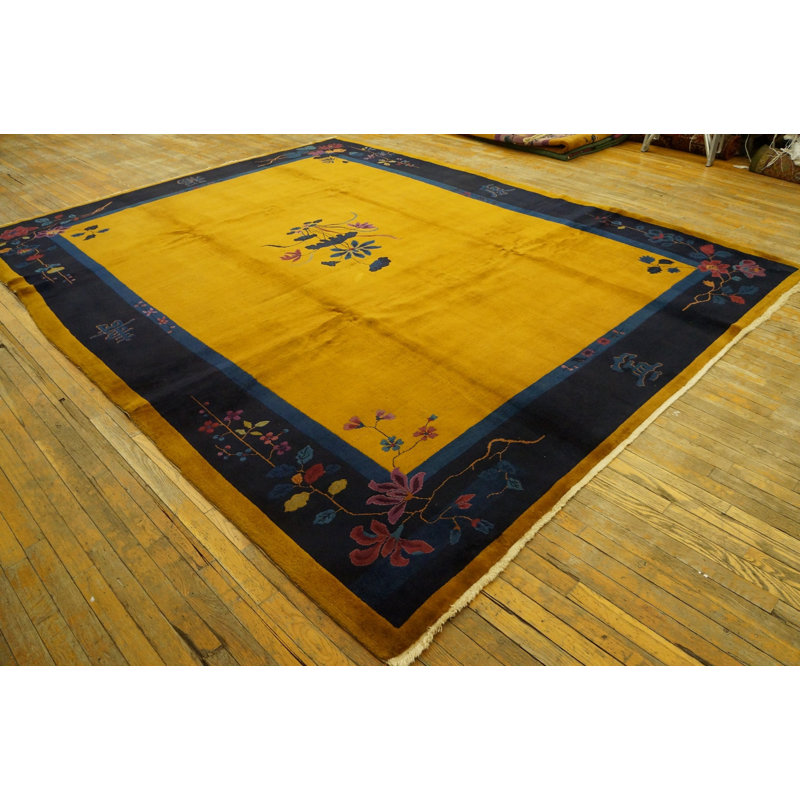 Antique Art Deco Room Size Wool Blue Navy, Gold Rug