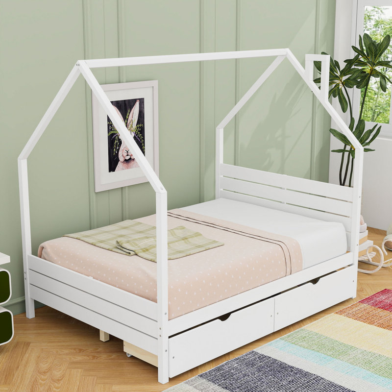 Cadre de lit avec 2 tiroirs de rangement, Full, Blanc