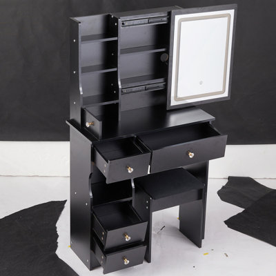 Vanity Desk, 29.2" Small Size Left Drawer Desktop Vanity Table , Cushioned Stool, Large Sliding, Touch Control, Tri-Color Switching, Brightness Adjust LED Mirror, High Capacity Storage, Suitable For Small Space