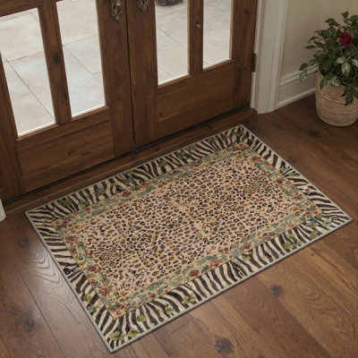Alissa Liora Boho Leopard Floral Machine Washable Brown / Green / Beige 2' x 3' Doormat with Non-Slip Backing