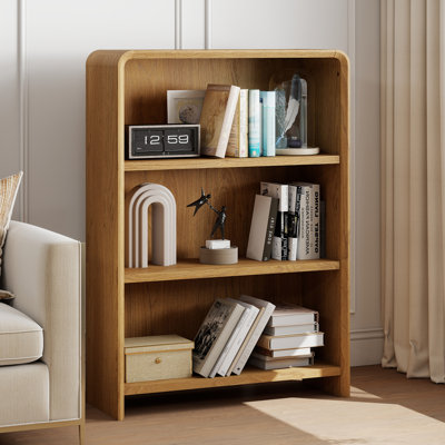  Bibliothèque de 44 po de hauteur avec 3 tablettes en bois aux bords doux incurvés, armoire de rangement robuste pour bureau professionnel et salon, finition grain de chêne naturel moderne