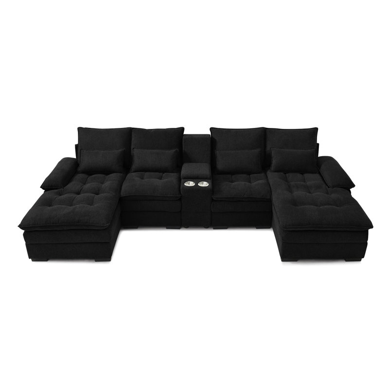 130"  U-Shaped Sofa With Console,Cupholders,6-Seat Upholstered Primary Living Space Furniture,Sleeper Couch Set With Chaise