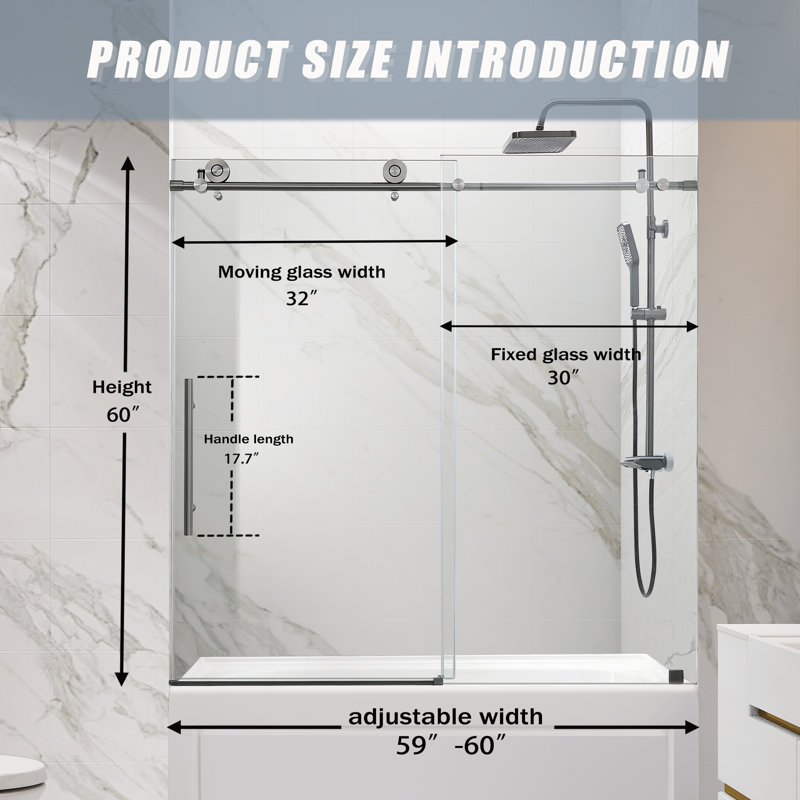 Porte de baignoire coulissante simple sans cadre de 56 à 60 po x H 76 po avec verre transparent, Nickel