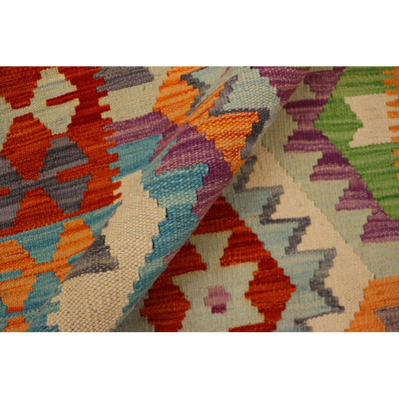 Tapis beige / bleu / orange à motif géométrique en laine tissé à plat de forme rectangulaire Elzada