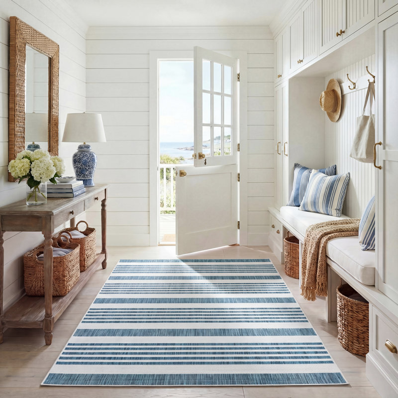Tapis bleu sarcelle rayé intérieur / extérieur Husse, Rectangle 5 pi 3 po x 7 pi 7 po